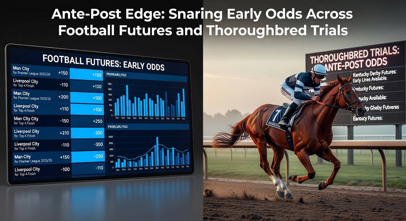 A vibrant racetrack scene with horses charging down the straight, overlaid with soccer stadium lights and betting odds boards highlighting early futures markets