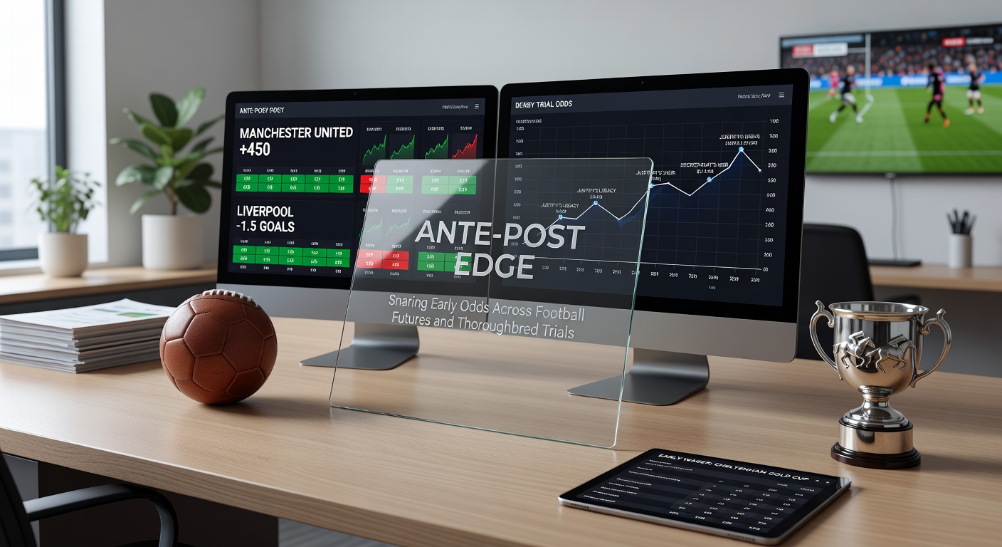 Soccer players in action on a rain-slicked pitch transitioning to galloping thoroughbreds in a trial gallop, with overlaid graphs showing odds movements from ante-post to race day