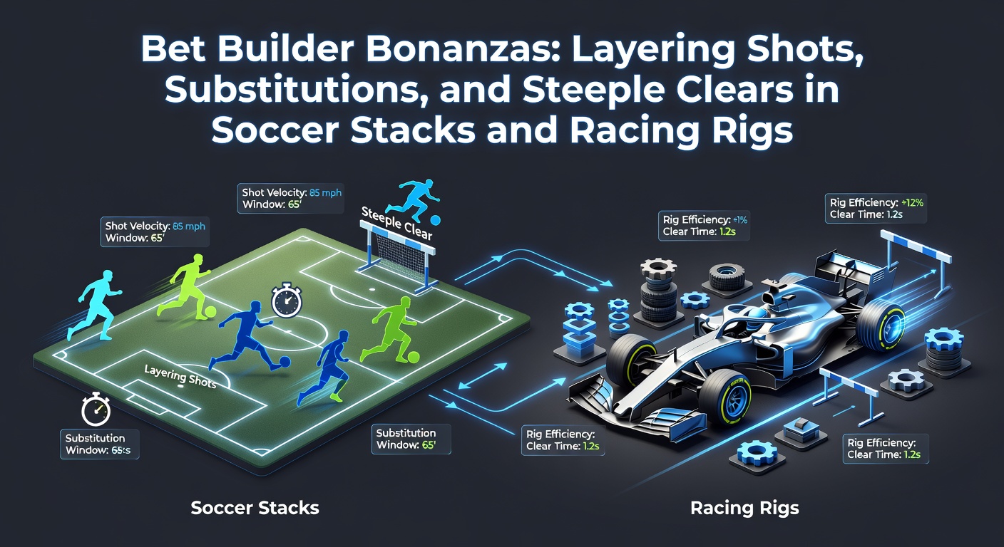 Dynamic graphic showing bet builder selections for soccer shots on target, player substitutions, and steeplechase horse clearing jumps