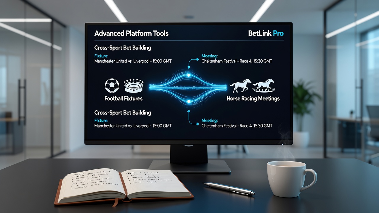 Advanced bet builder interface displaying integrated football and horse racing options on a betting platform