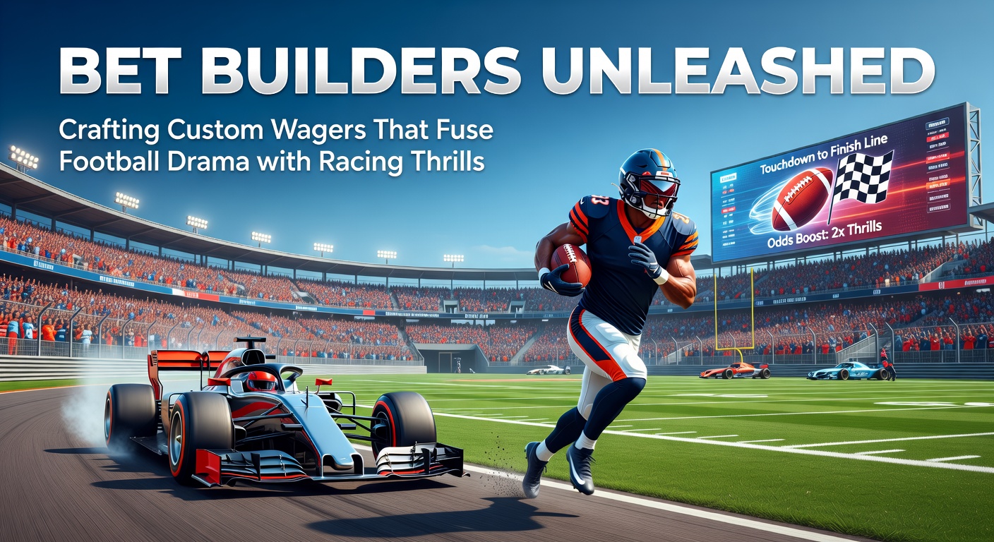 Vibrant digital display showing a bet builder interface with soccer players clashing on the pitch alongside thundering horse race action, highlighting combined wager options