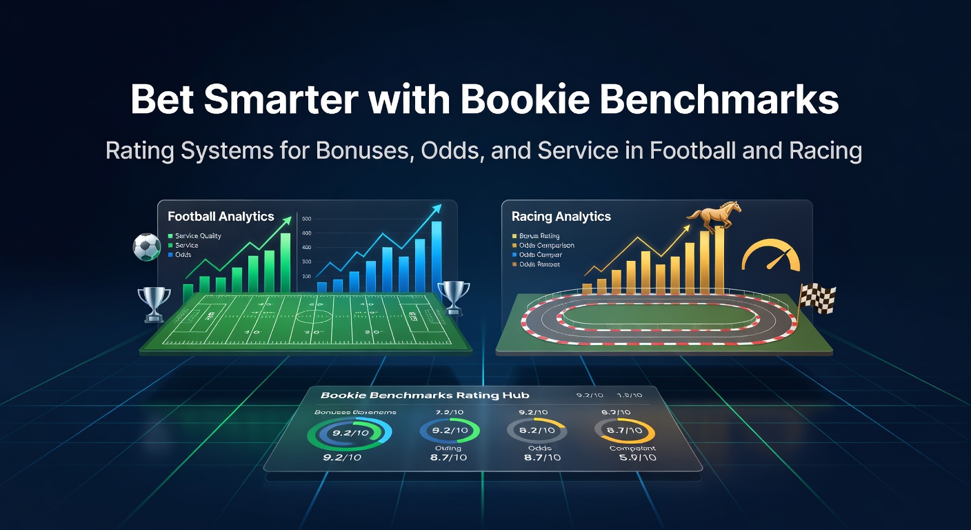Digital dashboard displaying bookmaker ratings with charts comparing odds, bonuses, and service scores for soccer and horse racing events