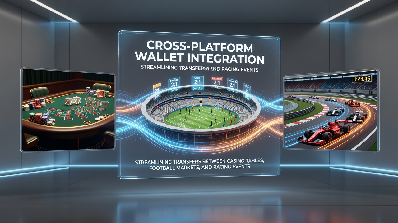 Digital wallet interface showing seamless transfers between casino, football, and racing betting sections on a mobile screen