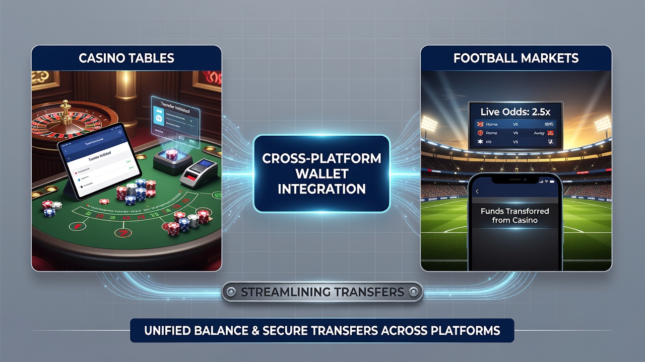 User dashboard displaying balance transfers from football bets to racing events and casino tables in real time