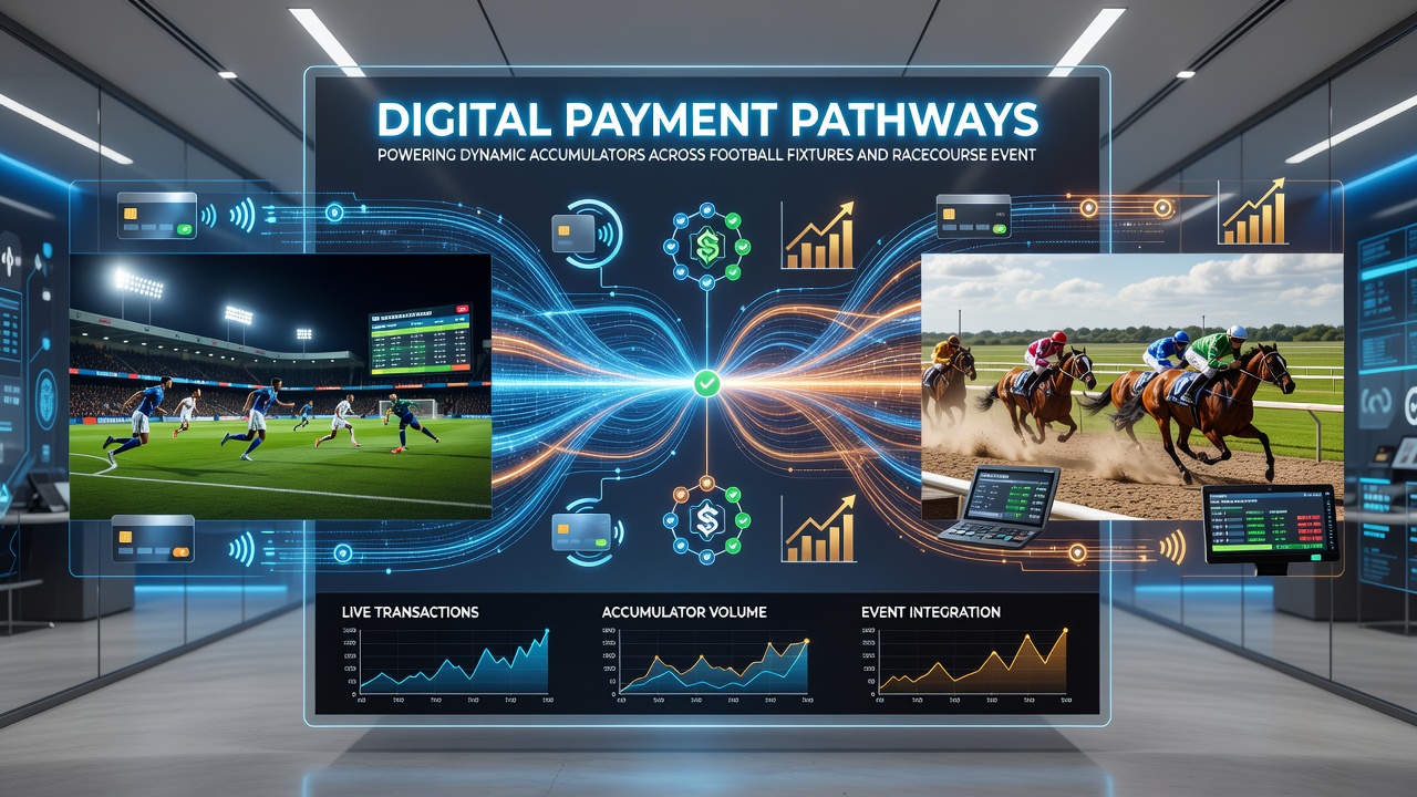 Racecourse betting terminals and mobile apps processing accumulator wagers via digital wallets