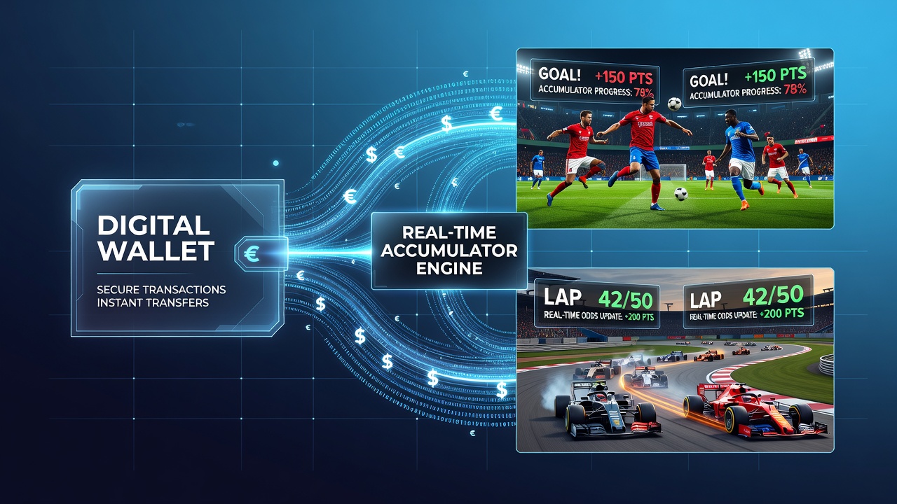 Digital wallet interface showing real-time accumulator bets on soccer and racing events