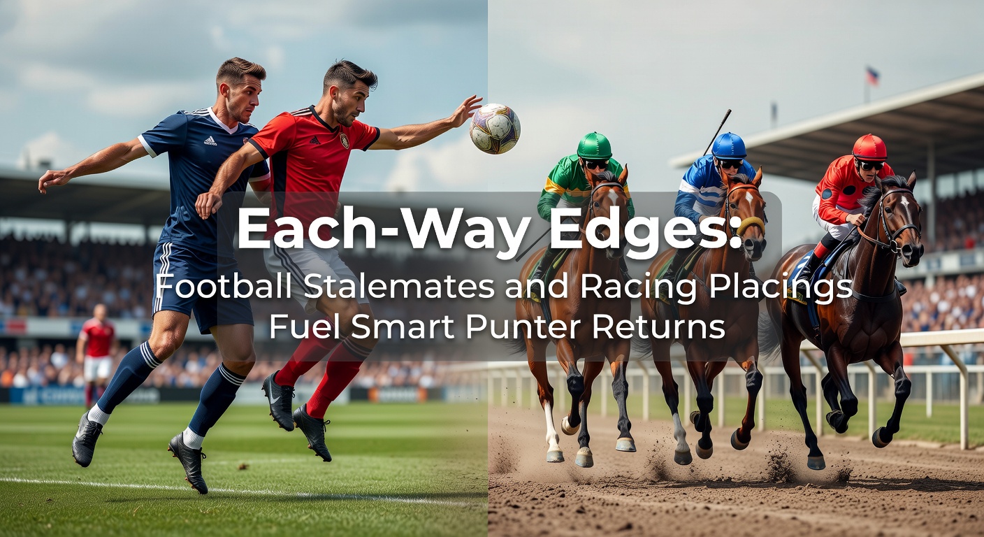 Infographic showing each-way bet structures for soccer draws and horse racing placings, highlighting payout scenarios