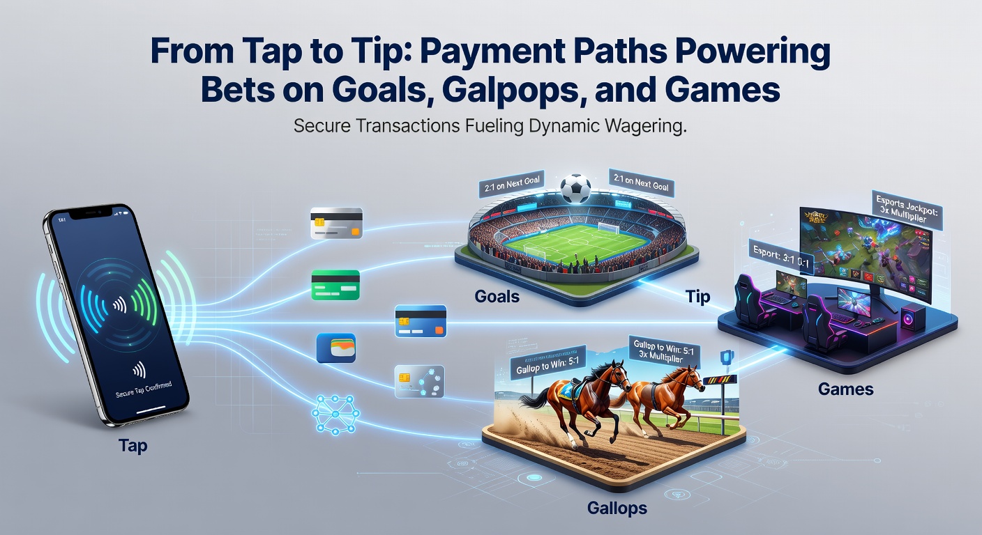 Digital payment icons overlayed on soccer pitch, race track, and casino table, illustrating seamless betting transactions from deposit to payout