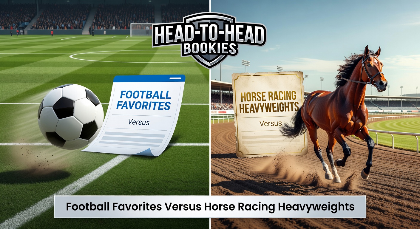 Vibrant stadium crowd cheering during a Premier League match juxtaposed with galloping horses on a sunlit racetrack, symbolizing the clash between football and horse racing betting worlds