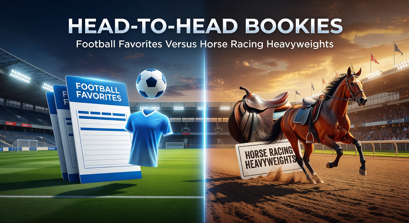 Dynamic split-image of a bookmaker's interface showing live Premier League odds next to a horse racing card with detailed form stats, highlighting comparative betting options
