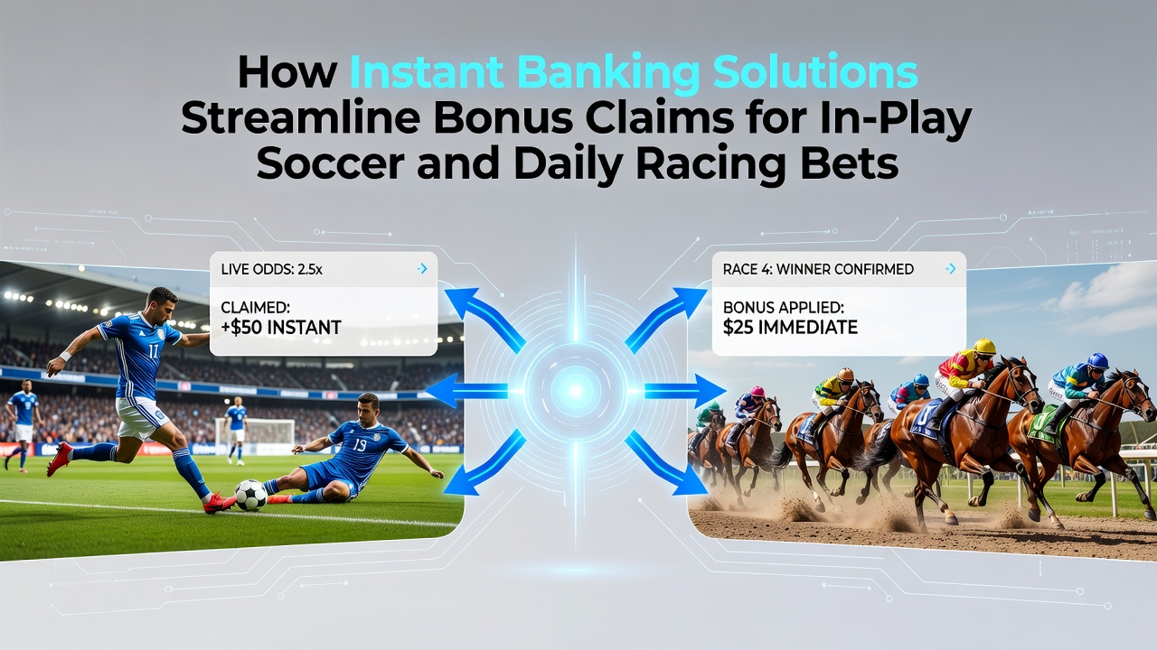 Illustration of mobile banking app interface showing instant deposit confirmation for in-play soccer and racing bets