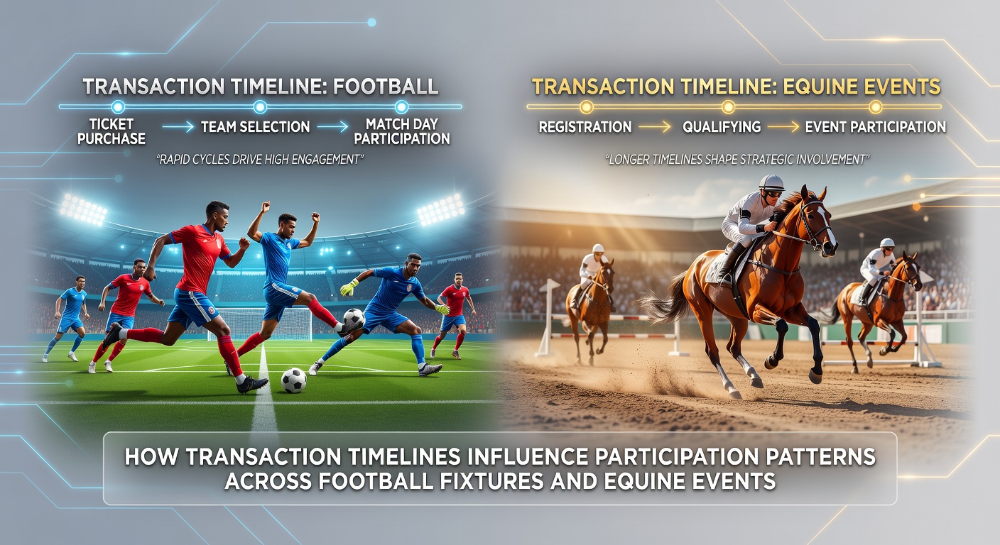 Illustration showing transaction processing timelines affecting betting activity on football pitches and horse racing tracks