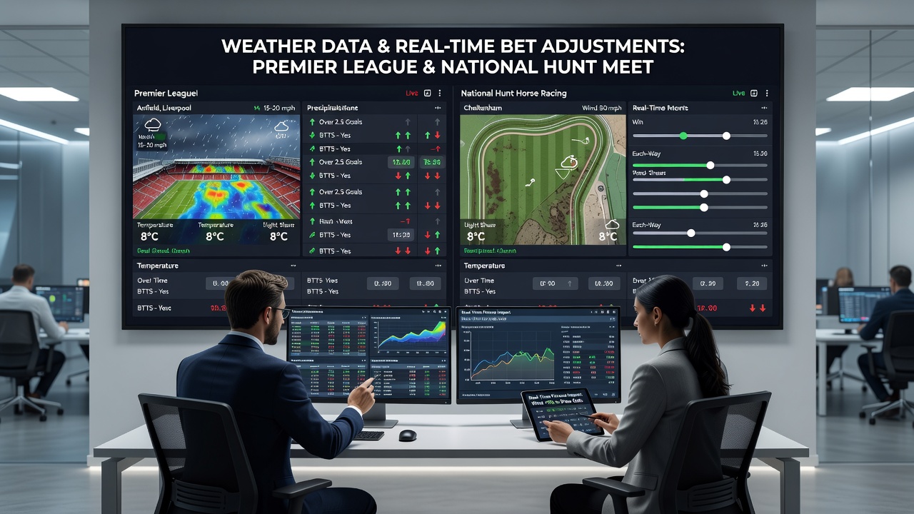 Live data dashboard displaying real-time weather metrics overlaid on betting odds for football and horse racing events