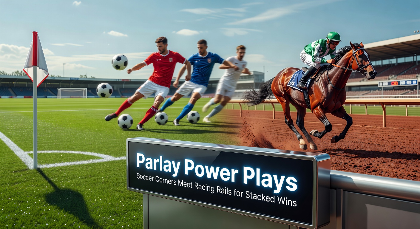 Dynamic scene of a soccer corner kick in progress alongside a horse racing past the rails, illustrating parlay bet fusion