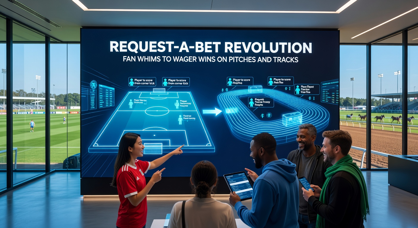 Fans cheering at a soccer match with overlaid betting slips showing custom request-a-bet options, capturing the excitement of personalized wagers on the pitch
