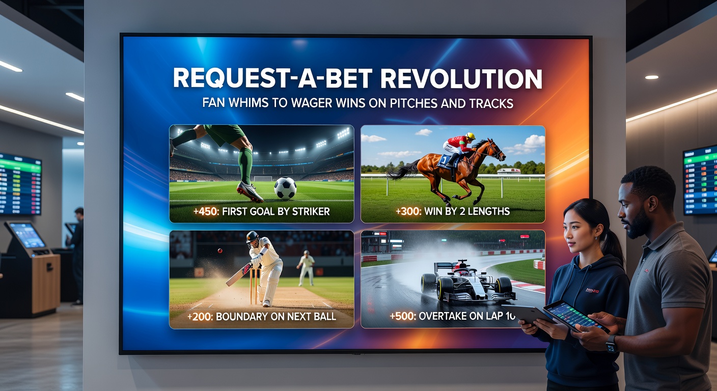 Close-up of a smartphone screen displaying a request-a-bet interface with soccer player stats and horse racing form guides, illustrating seamless custom wager creation