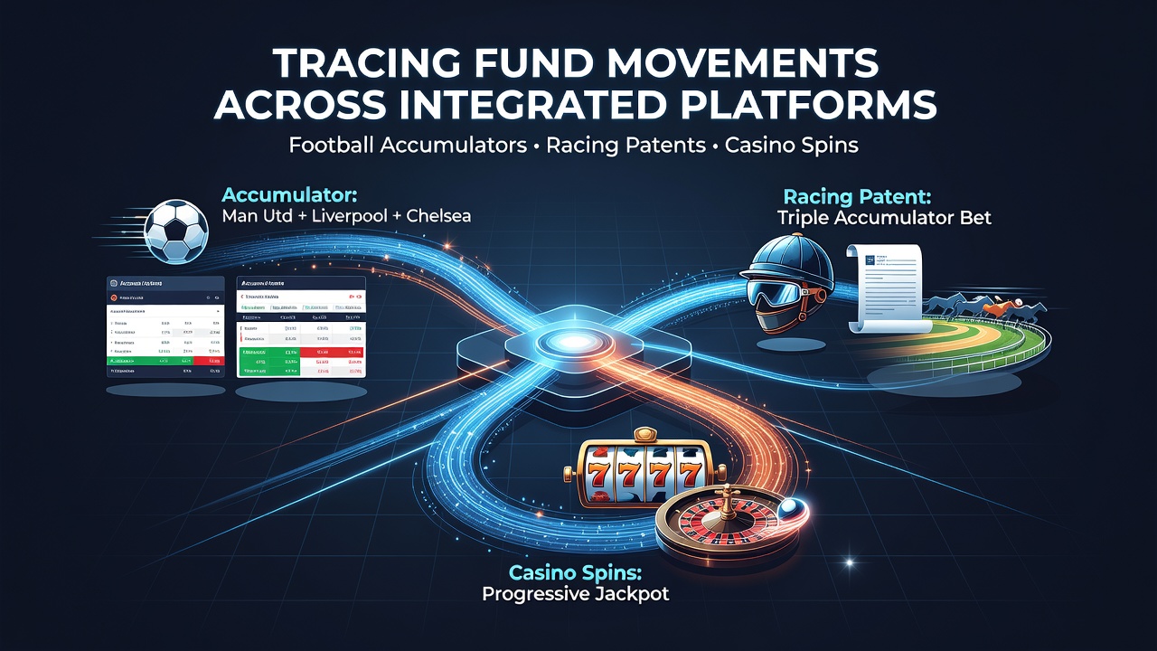 Overview of integrated betting platform dashboard showing transaction flows between football, racing, and casino sections
