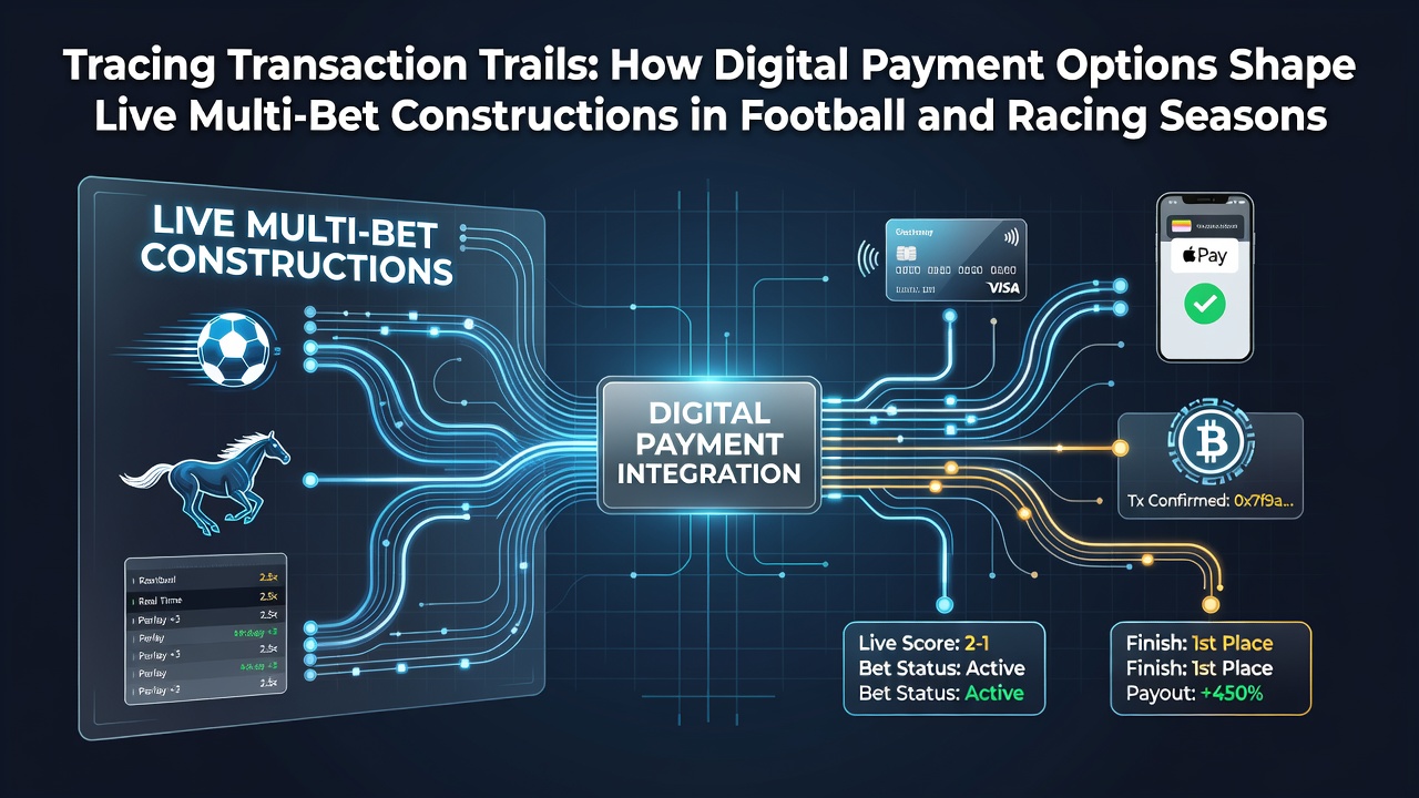 Digital payment interfaces showing transaction flows for live multi-bets in football and racing